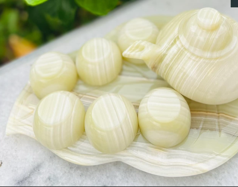 Bộ Ấm Chén Khay Tròn Ngọc Onyx Trắng Xanh